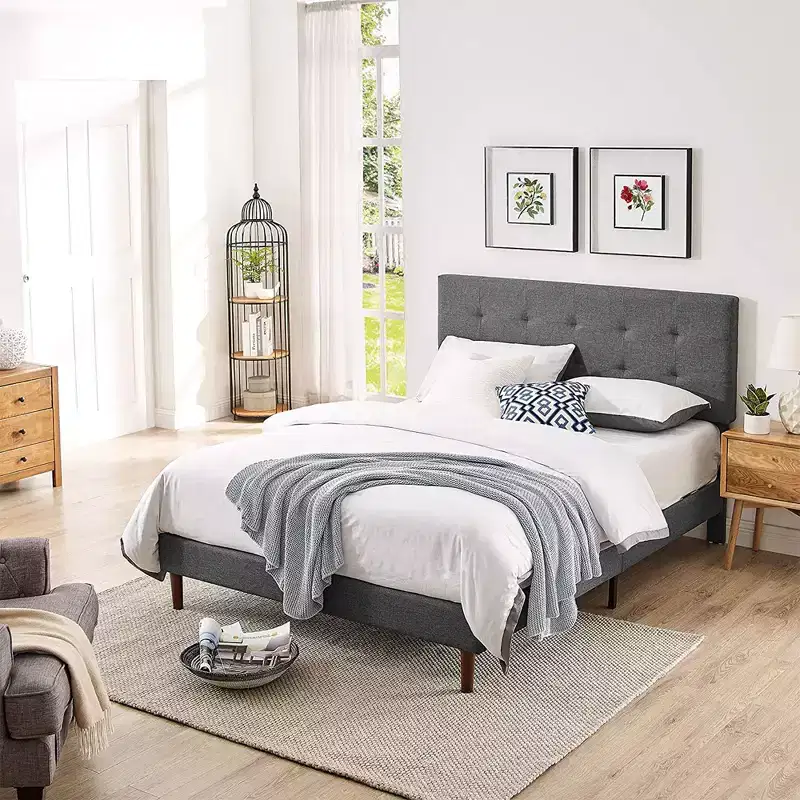 Upholstered Platform Bed with Adjustable Square Stitch Headboard, Queen, Dark Grey