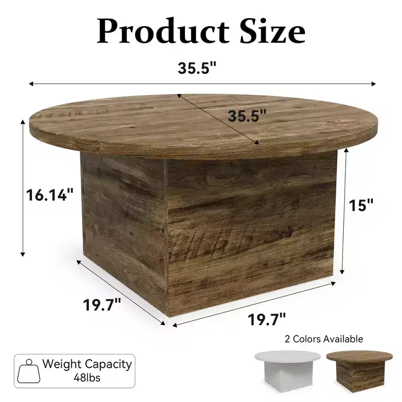 Round Coffee Table, 35-Inch Engineered Wood, Mid-Century Style, Beige