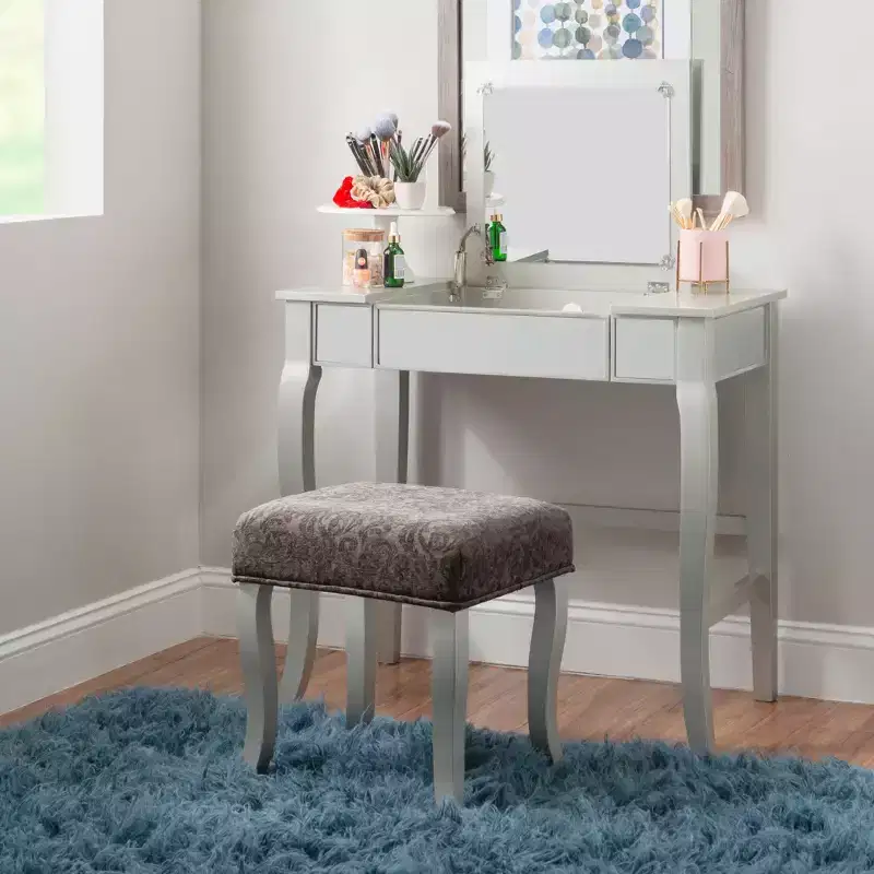 Harper Glam Flip-up Mirror Wood Vanity and Gray Upholstered Stool Mirror and Silver - Linon