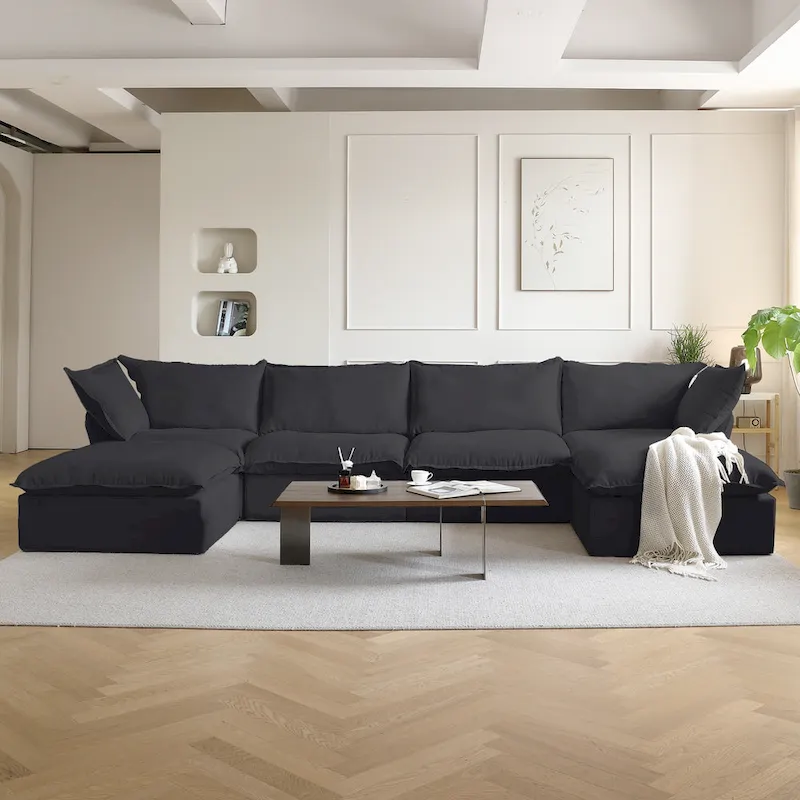 6 Piece U-shaped Velvet Upholstery Modular Sectional Sofa with 2 Ottoman