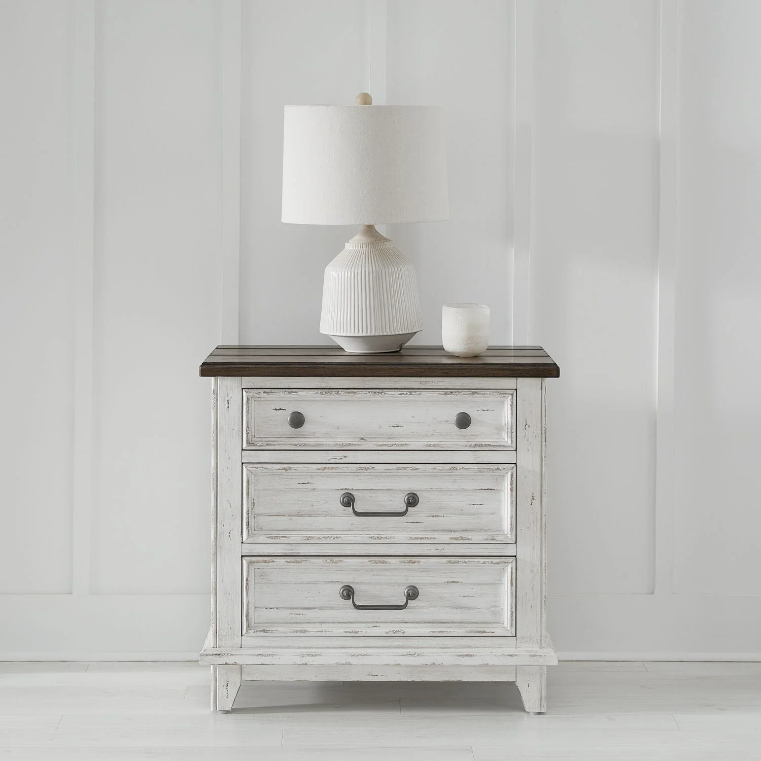 3 Drawer Nightstand With Charging Station - Riverstone White & Tobacco — Cottage & Farmhouse Living strikes the perfect balance of