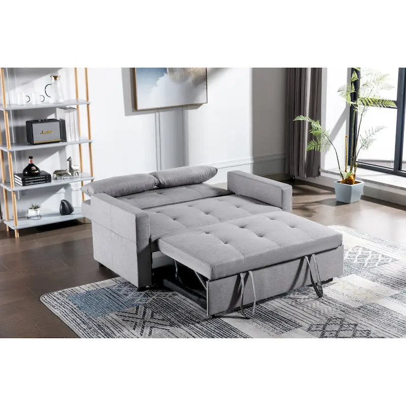 Light Grey Linen Loveseat Convertible Sofa Bed with Side Pocket