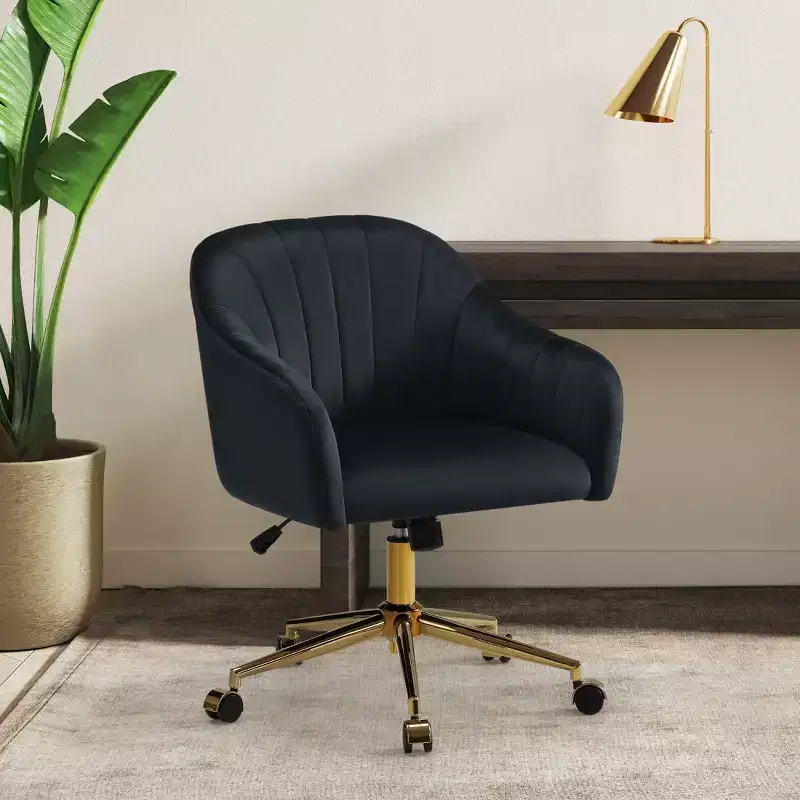 WestinTrends Phoebe Upholstered Velvet Swivel Vanity Office Chair With Wheels, Black