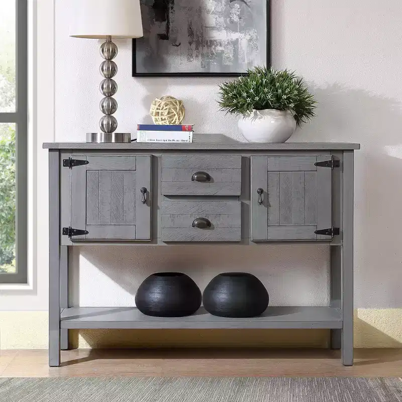 48 Inch Solid Wood Sideboard Table with 2 Drawers, Cabinets and Base Shelf, Vintage Style Storage Buffet Cabinet for Living Room, Kitchen