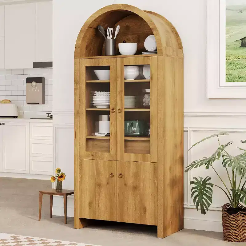 Tall Arched Pantry Cabinet, Farmhouse Kitchen Arched Bookcase Cupboard Storage Cabinets with a Hidden Drawer Adjustable Shelves, Natrual Oak