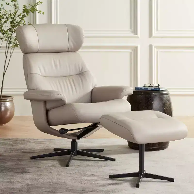 BenchMaster Bruce Mushroom Faux Leather Recliner Chair Modern with Ottoman Footrest Ergonomic Manual Reclining Swivel for Bedroom
