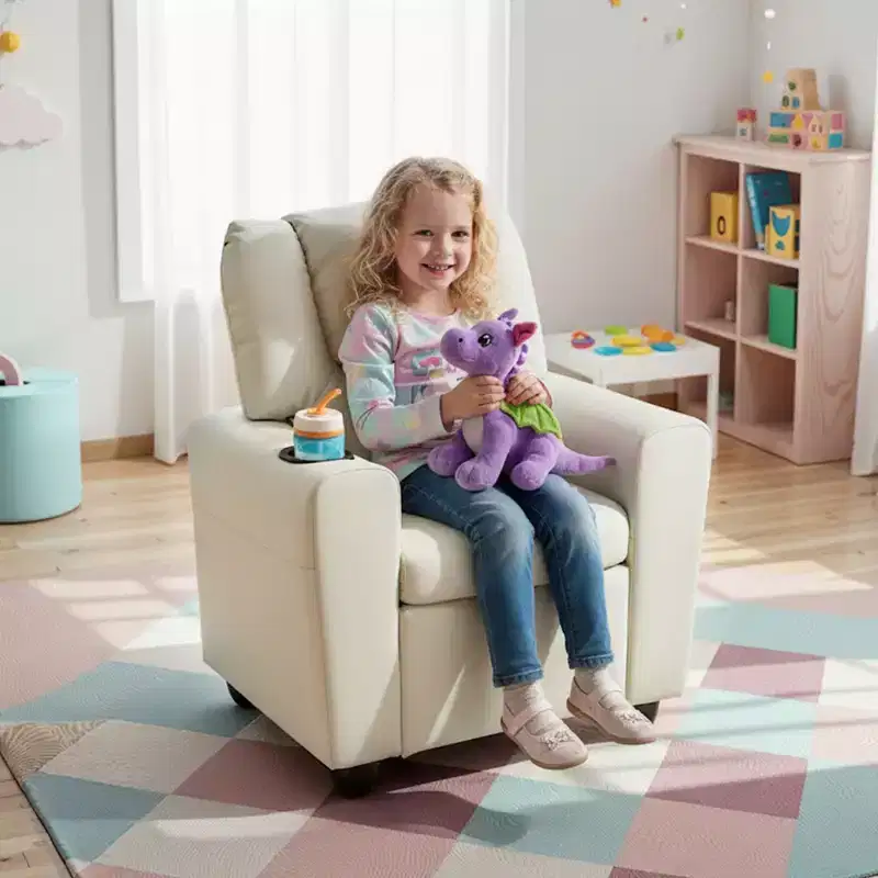 Kids Recliner Chair with Cup Holder & Side Pocket, Adjustable Backrest & Footrest, Beige/Black/Pink/Brown