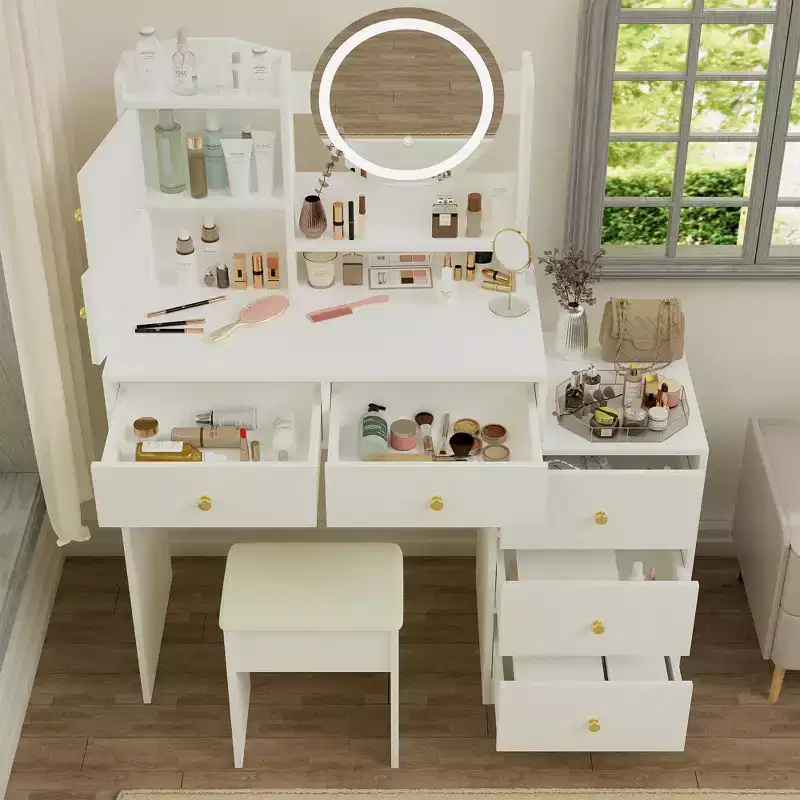 Okak Modern Vanity Desk with Round Makeup Mirror, Girls Vanity with Cushioned Chair and 7 Drawers, Vanity Table for Vanity Room, Dressing Room, White