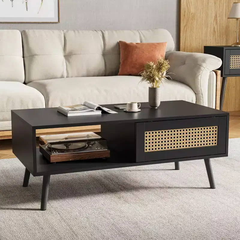 Wood Coffee Table with Storage, Boho Center Sofa Table with Sliding Door and Open Shelf for Living Room, Bedroom, Easy Assembly