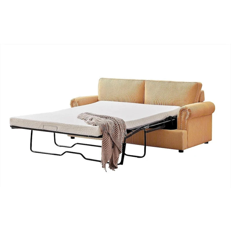 76-Inch Corduroy Sofa Bed with Round Arms and Pull-Out Queen Mattress