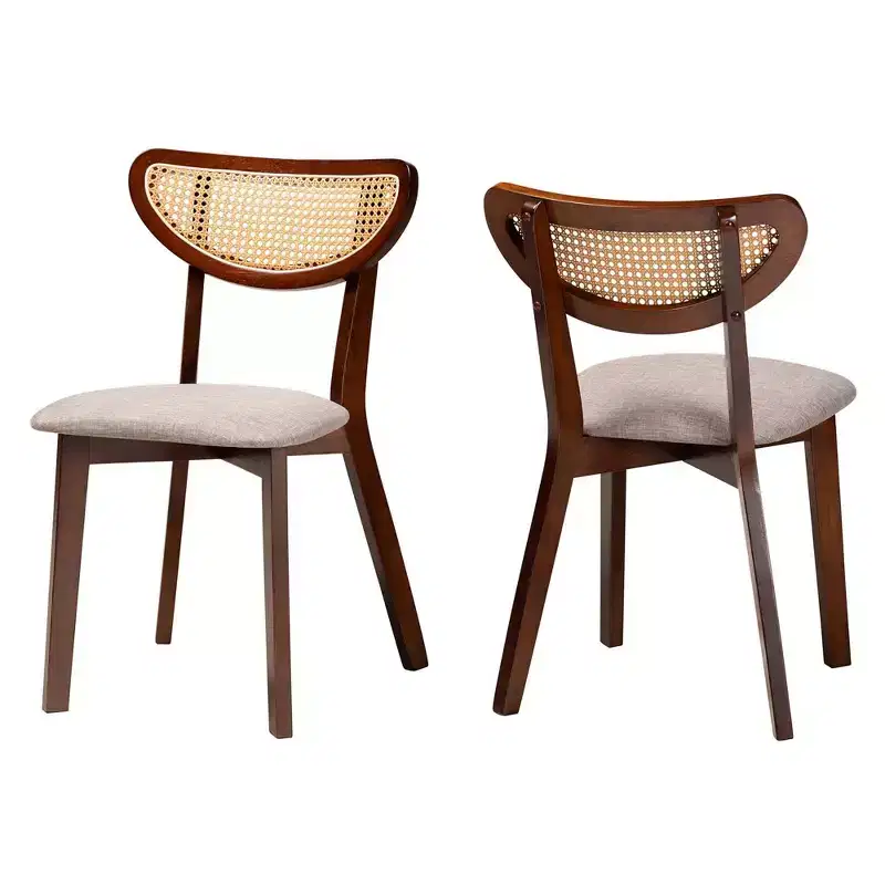 Baxton Studio 2pc Dannell Fabric and Wood Dining Chairs Gray/Walnut Brown/Light Brown: Mid-Century, Rattan Detail, Foam Cushion
