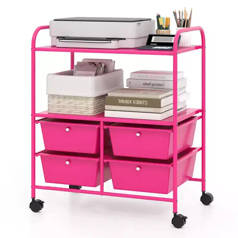 Gymax Mobile Storage Cart with 4 Drawers Scrapbook Paper Holder Office and School Organizer Shelf Multicolored/Hot Pink