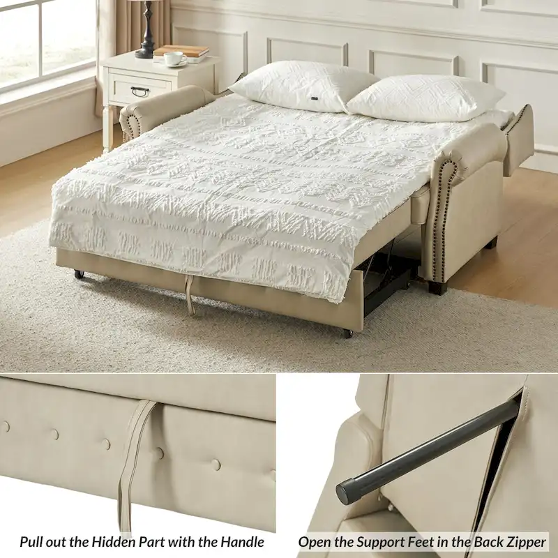 Ruedi Transitional 73.6 Vegan Leather Sofa Bed with Tufted Back and Nailhead by HULALA HOME