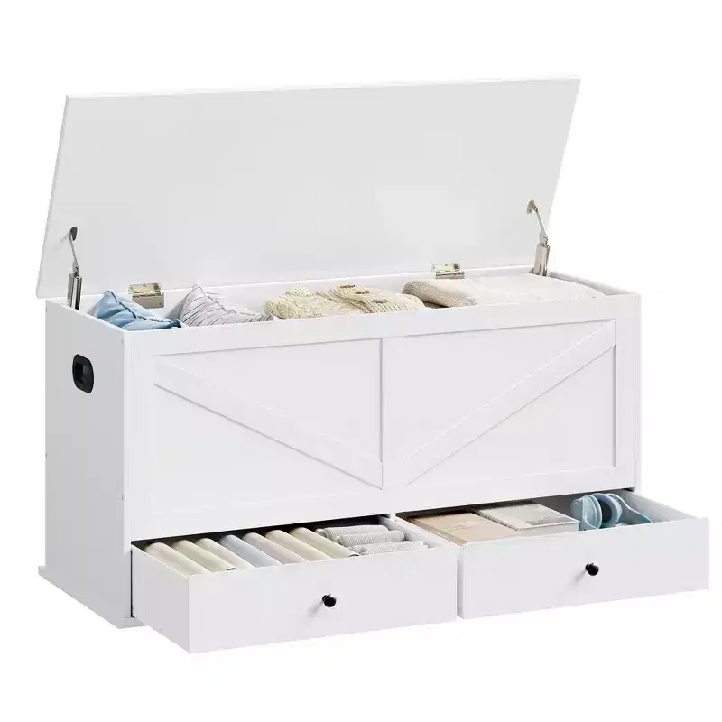 VASAGLE Storage Chest, Storage Bench with 2 Fabric Drawers, Farmhouse Style, 15.7 x 39.4 x 19.9 Inches