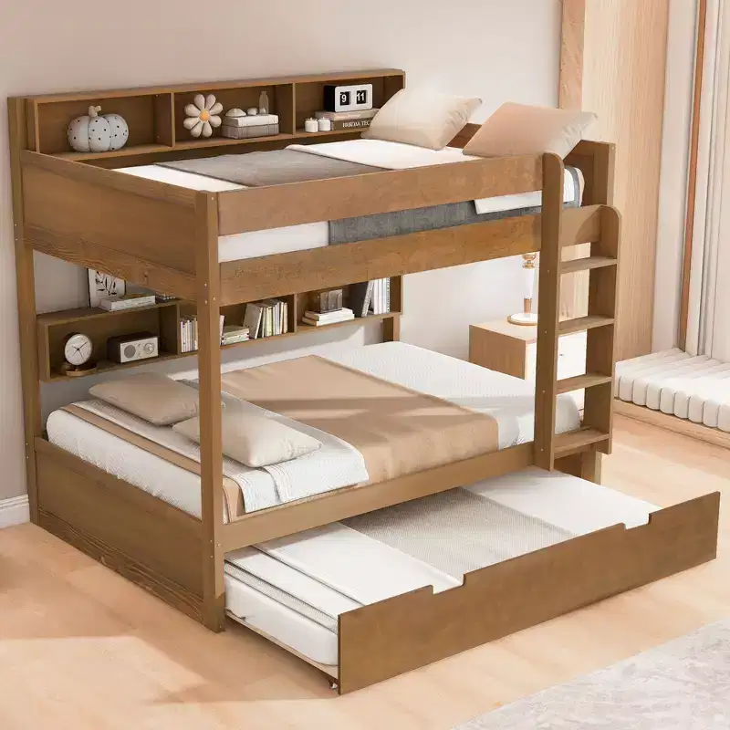 Bunk Bed with Trundle and Built-In Storage Shelves