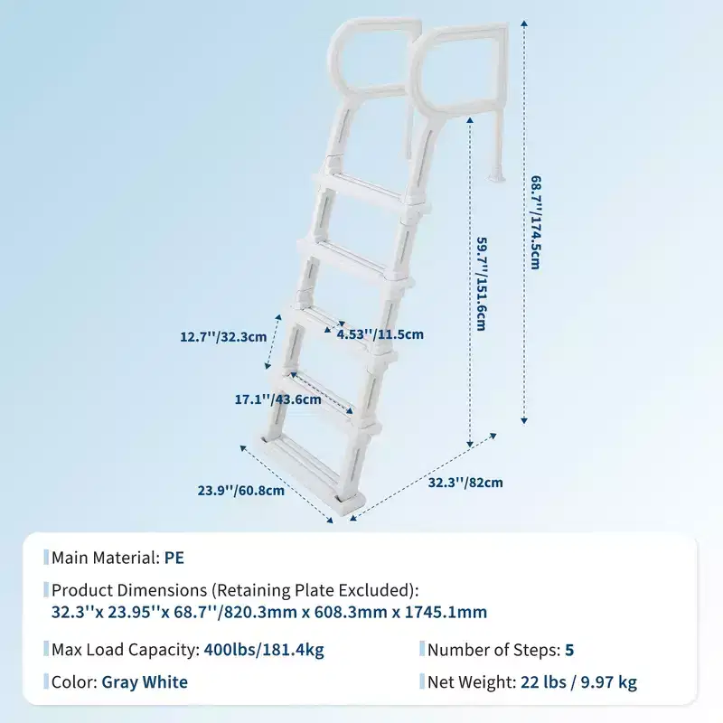 Heavy Duty 5-Step Swimming Pool Ladder with Double Handrails  Non-Slip Sturdy PE Steps  400 lbs Capacity Fits 48-54 Inground & Above Ground Pools