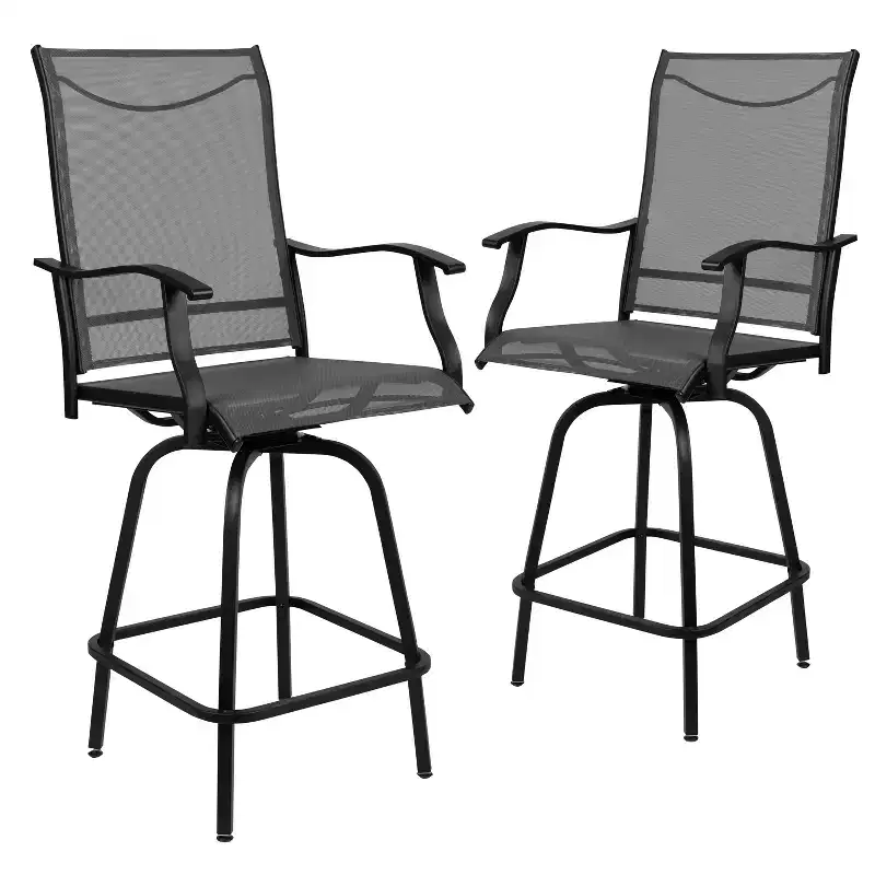 Flash Furniture Valerie Patio Bar Height Stools Set of 2, All-Weather Textilene Swivel Patio Stools and Deck Chairs with High Back & Armrests