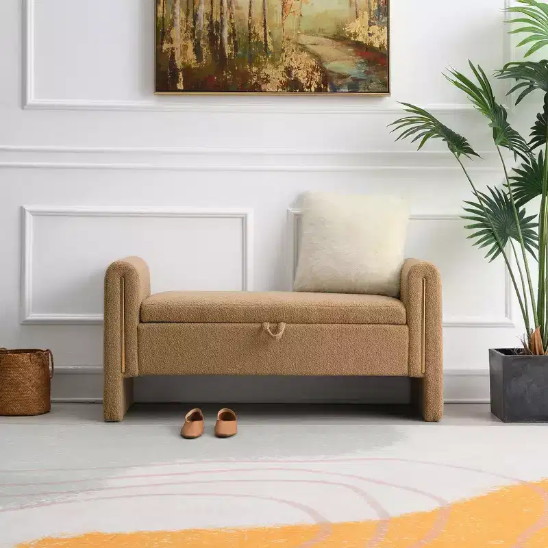 TUYOHW Modern Bed End Bench with Arms and Storage, Upholstered Large Foot Rest Stool, Comfy Window Vanity Bench for Living Room, Coffee