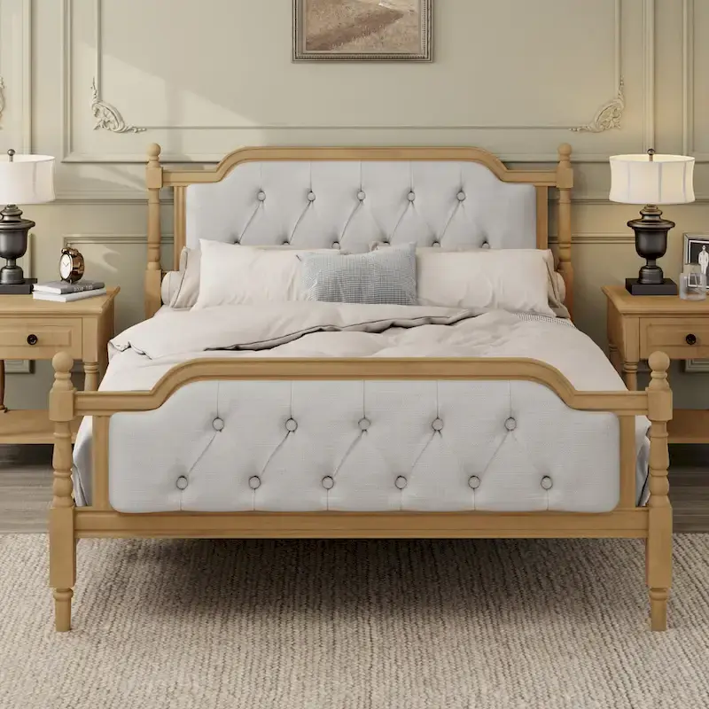 Solid Wood Bed Frame with Upholstered Tufted Headboard – No Box Spring Needed