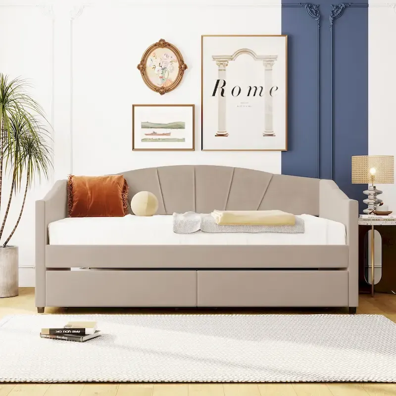 Upholstered daybed Twin Size with Two Drawers and Wood Slat Suppot