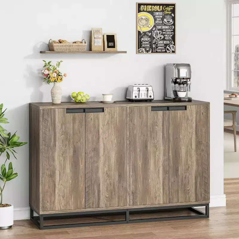 Buffet Sideboard Cabinet, 55 Wide Entryway Console with 4 Doors & Adjustable Shelves, Wood Coffee Bar Cabinet for Living Room, Dining Room, Kitchen