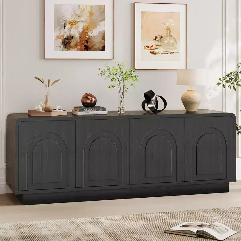 Bestier 63 TV Stand for 55/60/65 inch TV, 70 TV Console Table with 2 Doors Cabinets & Open Storage, Fluted Low Medium Console Table