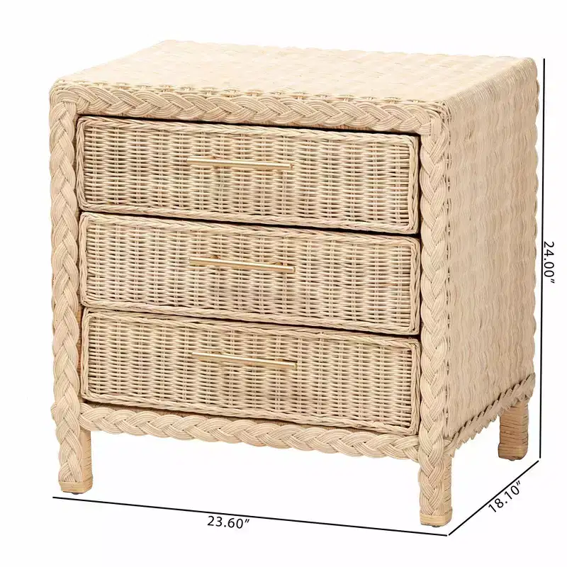 bali & pari Lanica Rattan 3 Drawer Nightstand Pale Brown