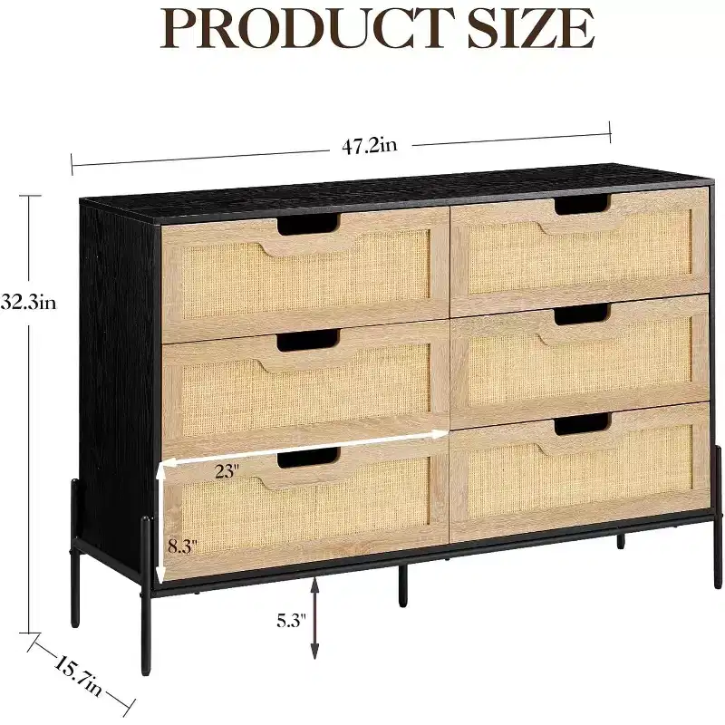 6 Drawer Rattan Dresser, Fluted Chest with Stable Legs, Anti-Tipping Storage Cabinet for Bedroom