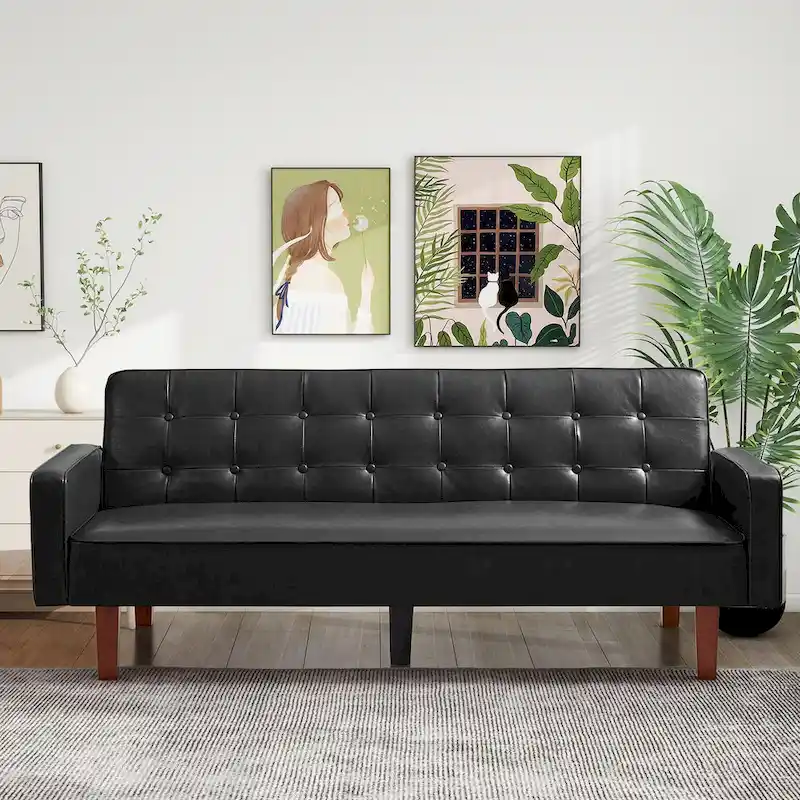 74.4 L Faux Leather Full Handcrafted Button Tufted Sofa 3-Seat, Convertible Sleeper Couch Adjustable Backrest
