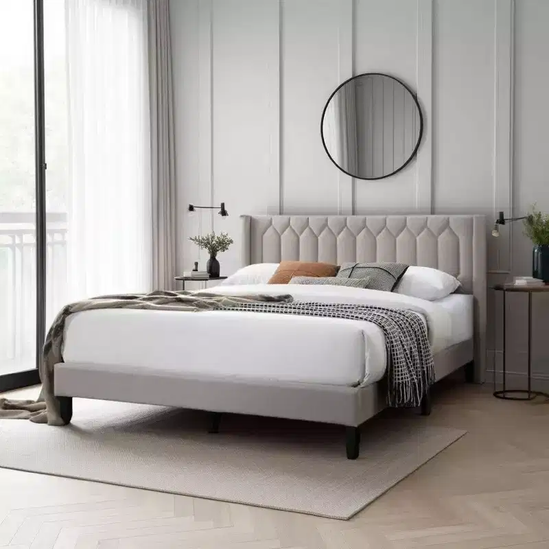 Queen Size Bed with Geometric Stitched Light Brown Burlap Upholstery