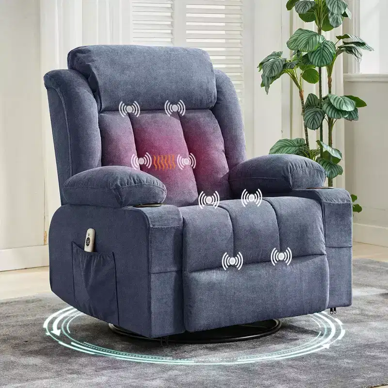 GustoWave Oversized Fabric 360 Swivel Rocking Recliner Chair with Heat and Massage, Extra Wide Lazy Recliner Sofa Chair for Adults