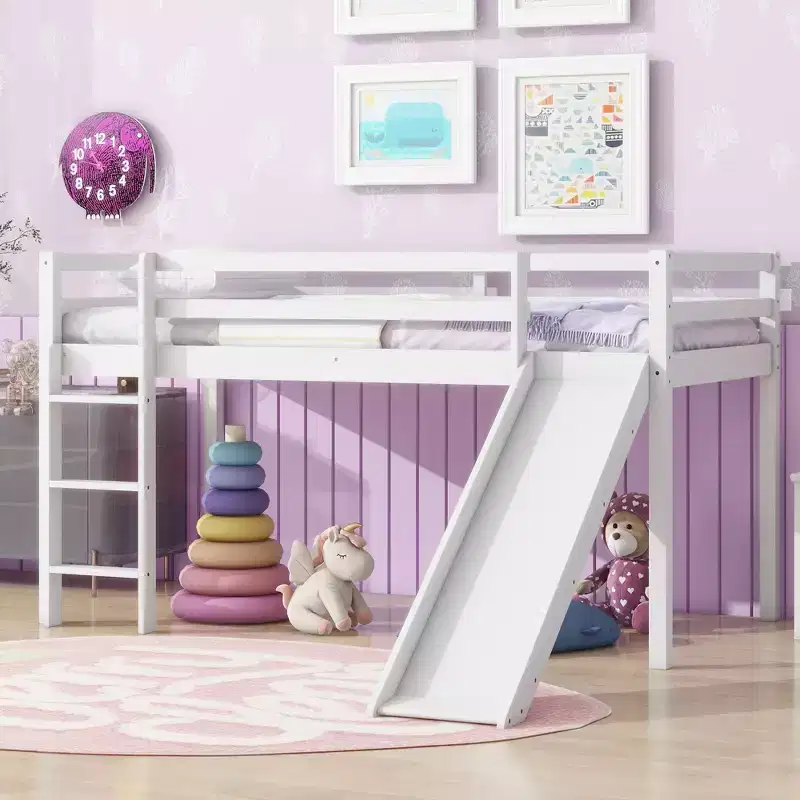 MAYEERTY Twin Low Loft Bed with Slide, Ladder, Safety Guardrails White