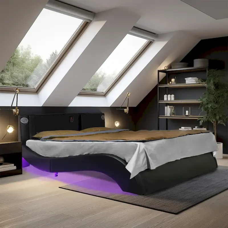 Faux Leather Upholstered Platform Bed with LED Lighting and Wood Slat Support