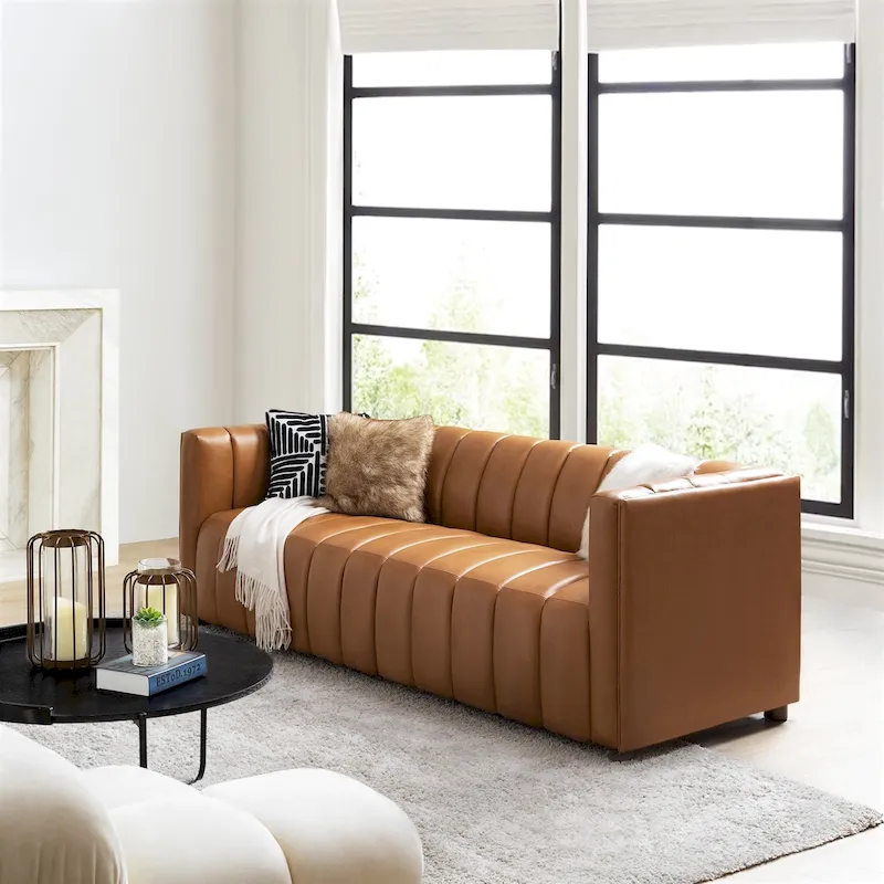 Olinto Modern Camel 83-Inch Genuine Leather Curved Couch with Channel Back by HULALA HOME