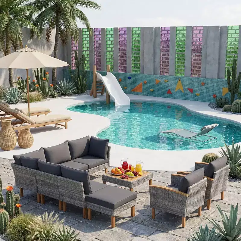 Whisen 9-Piece Patio Wicker Sectional Sofa Set, Outdoor Sofa Couch, Outdoor Conversation Set Furniture Set with Coffee Table, Washable Cushion - Gray