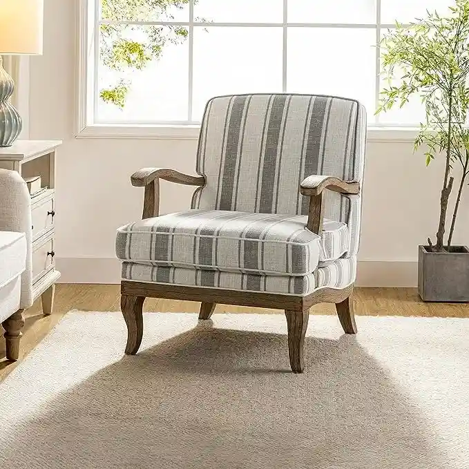 Farmhouse Polyester Armchair with Solid Wood Legs