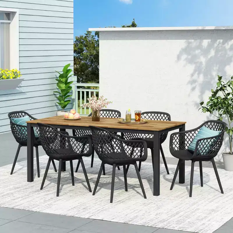 Christopher Knight Home Poppy Outdoor Acacia Wood and Resin 7 Piece Dining Set with 70.75 Dining Table, Black/Teak
