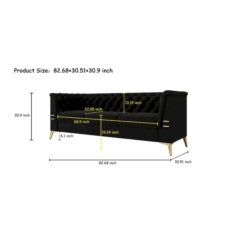 82 Velvet 3 Seater Chesterfield Sofa Couch with Gold Metal Legs, High Rebound Sponge and Removable Cushions