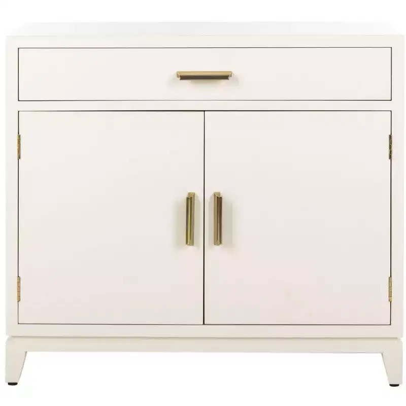 2 Door 1 Drawer Chest, White Finish with Brass Accents, Mahogany Frame, No Assembly