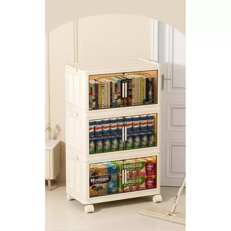 MAYEERTY 3 Tiers Plastic Folding Storage Cabinets with Magnetic Doors Wheels, Closet Organizers and Storage Containers White for Small Space