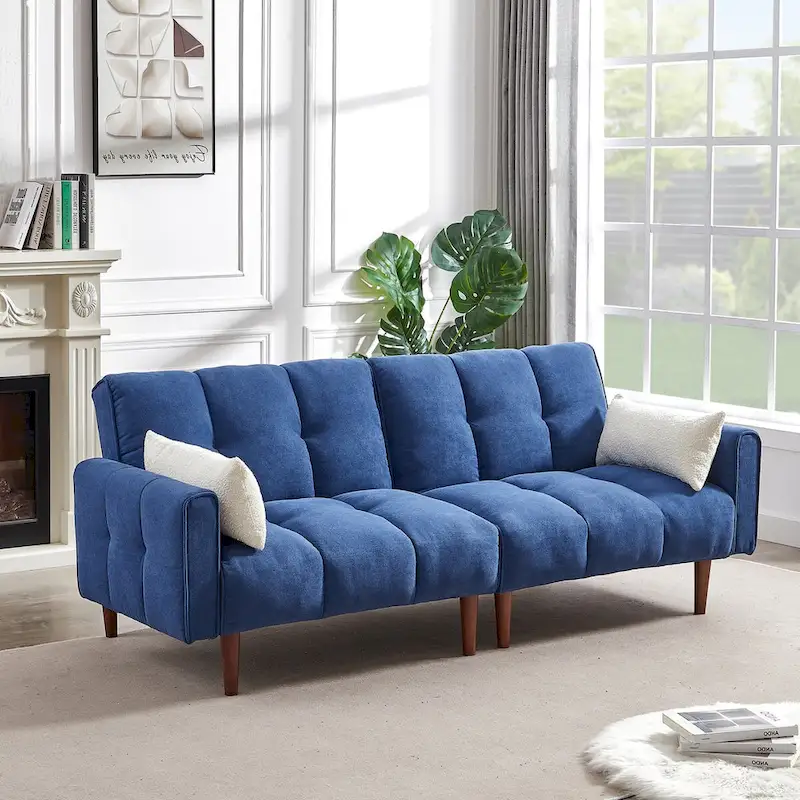 Convertible Futon Sofa Bed, Adjustable Couch Sleeper, Modern Fabric Linen Upholstered Futon Sofa bed with 2 Pillows