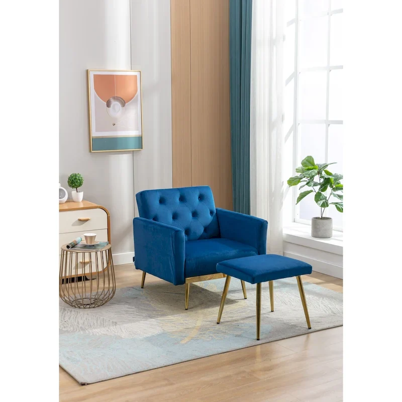 HOMEFUN Velvet Tufted Adjustable Armrests and Backrest Armchair with Ottoman