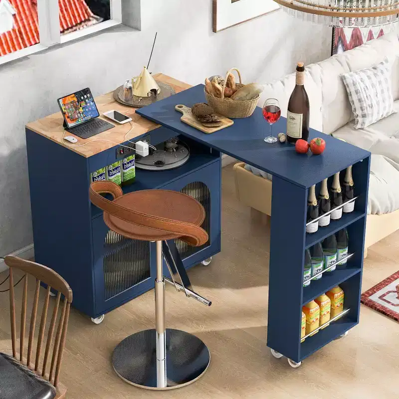 Rolling Kitchen Island with Extendable Table, LED Lights & Power Outlets – 37.12