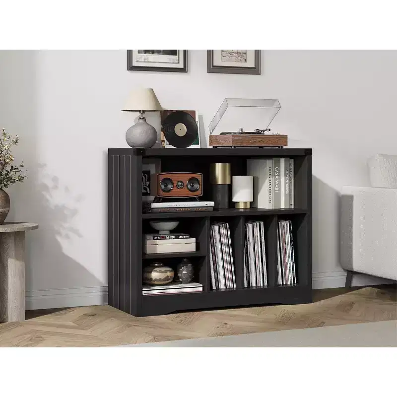 Record Player Stand with 6 Vinyl Storage Compartments, Modern Turntable Table, Wooden Media Organizer for Living Room, Black
