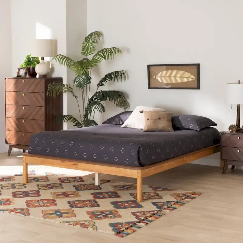 Mid-Century Modern Honey Oak Finished Wood Full Size Bed Frame
