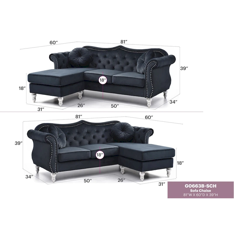Hollywood 81 in. Velvet Chesterfield Sectional Sofa with 2-Throw Pillow - 81L x 35W x 34H