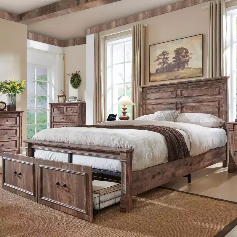 Full Size Bed Frame with 51 Tall Headboard, 20 Roman Footboard, 2 Large Storage Drawers, No Box Spring Needed