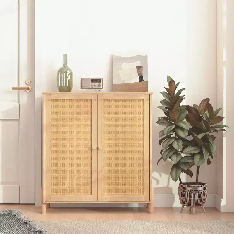 Buffet Cabinet with Storage, Storage Cabinet with PE Rattan Decor Doors, Accent Sideboard Buffet with Wood Feet natural