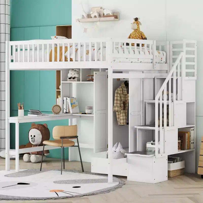 Wood Full Size Loft Bed with Bookshelf, Desk, Drawers & Wardrobe 94.4''L x 57''W