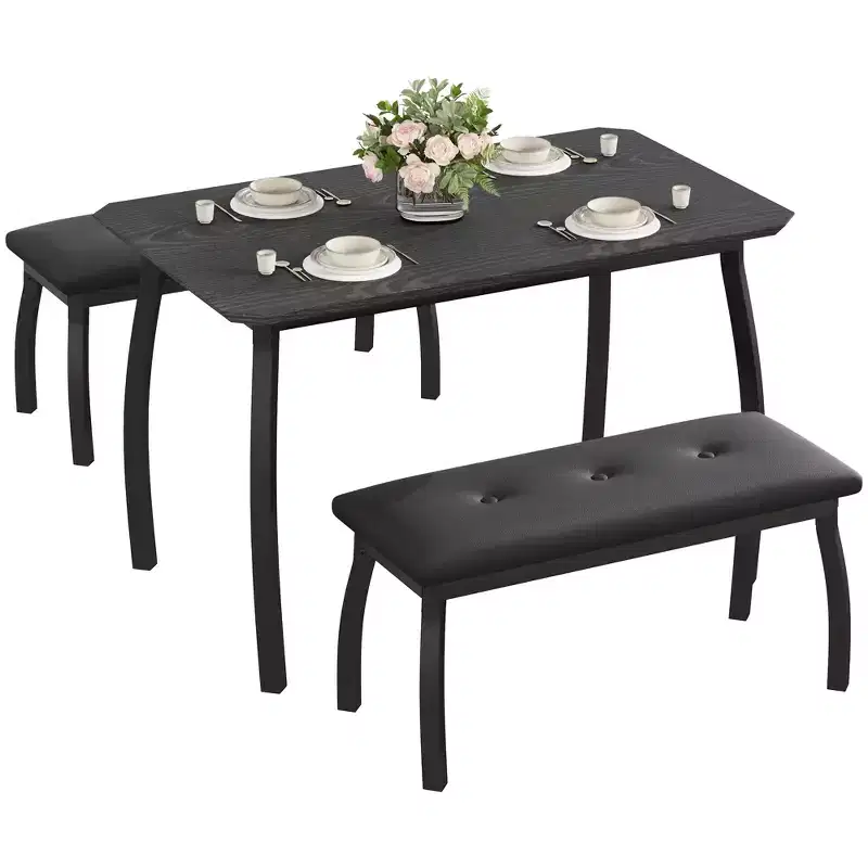 Dining Table Set for 4, Metal Frame Kitchen Table Set with 2 Upholstered Bench, 3 Piece Dining Room Table Furniture for Apartment, Studio, Home